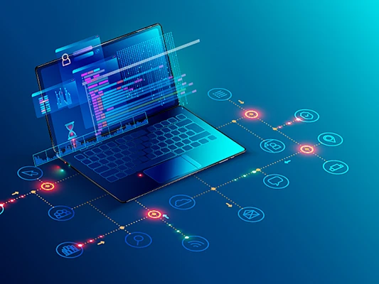 科技感2.5d笔记本电脑数据分析、社交聊天、安全、网络、邮件、定位等元素的插画