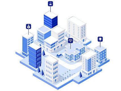 智慧城市网络科技城市规划扁平楼房图标地图元素电商PNG素材25D
